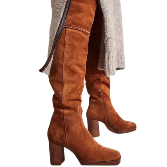 New Free People Patchwork Platform Over-The-Knee Tall Suede Leather Boots Italy